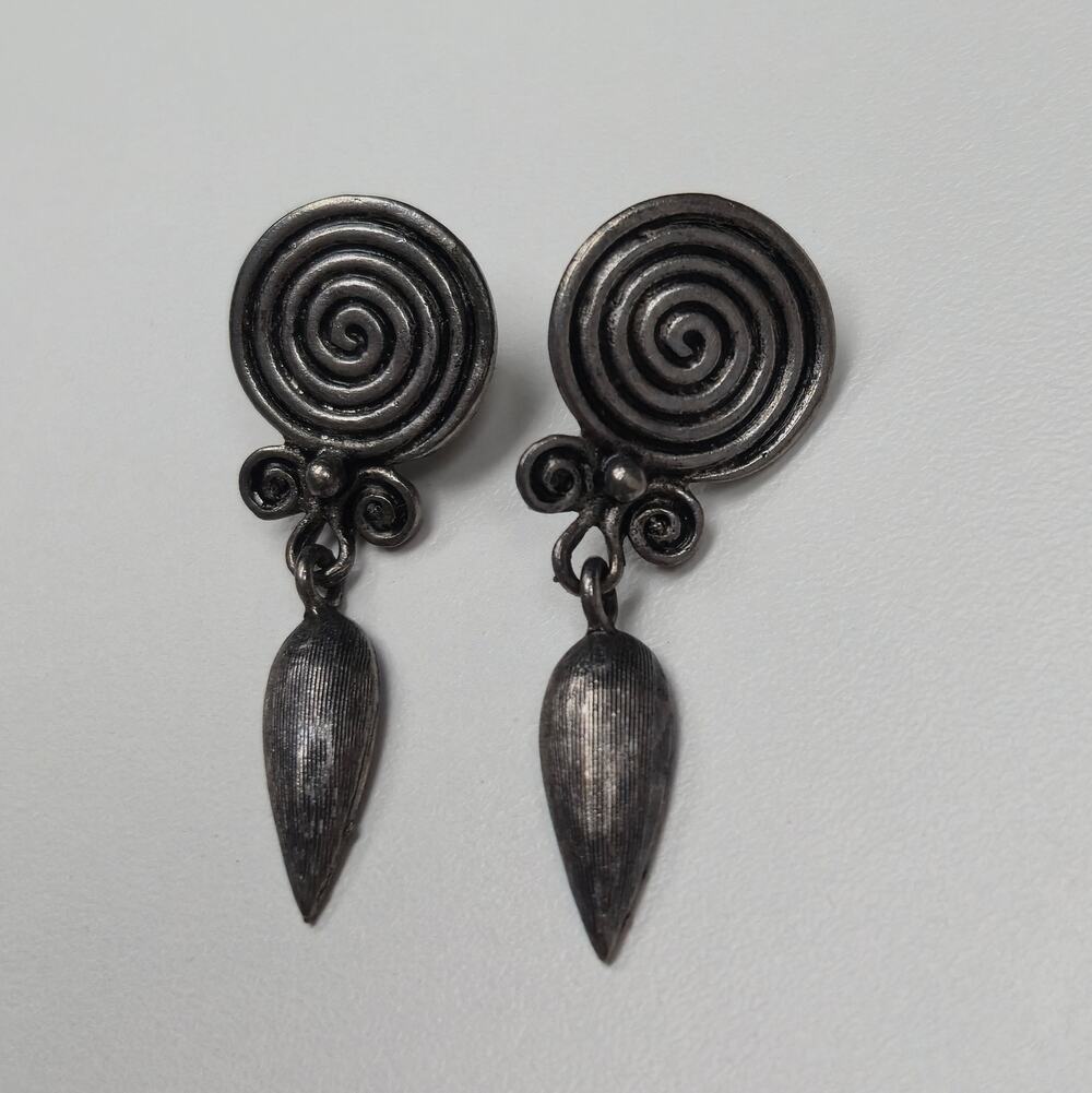 Vintage XEJA Signed Silver Tone Concentric Spiral Swirl Dangle Post Earrings
